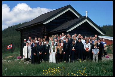 Clergy and guests after the consecration of St. Olav Orthodox chapel in Folldal, Norway
